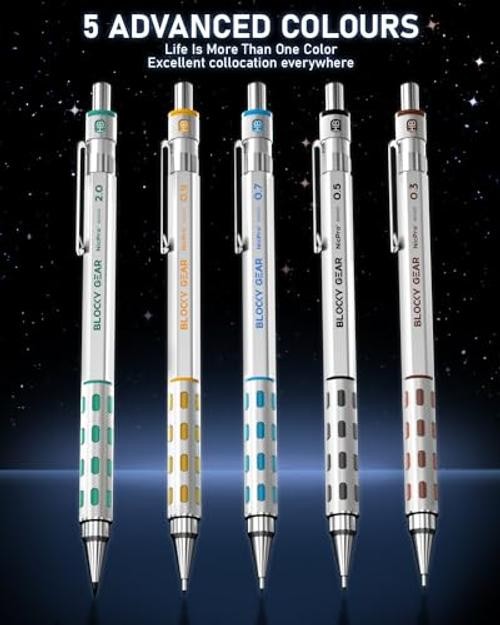 Blocky Gear Metal Mechanical Pencil Set in Leather 5 PACK with Leather Bag