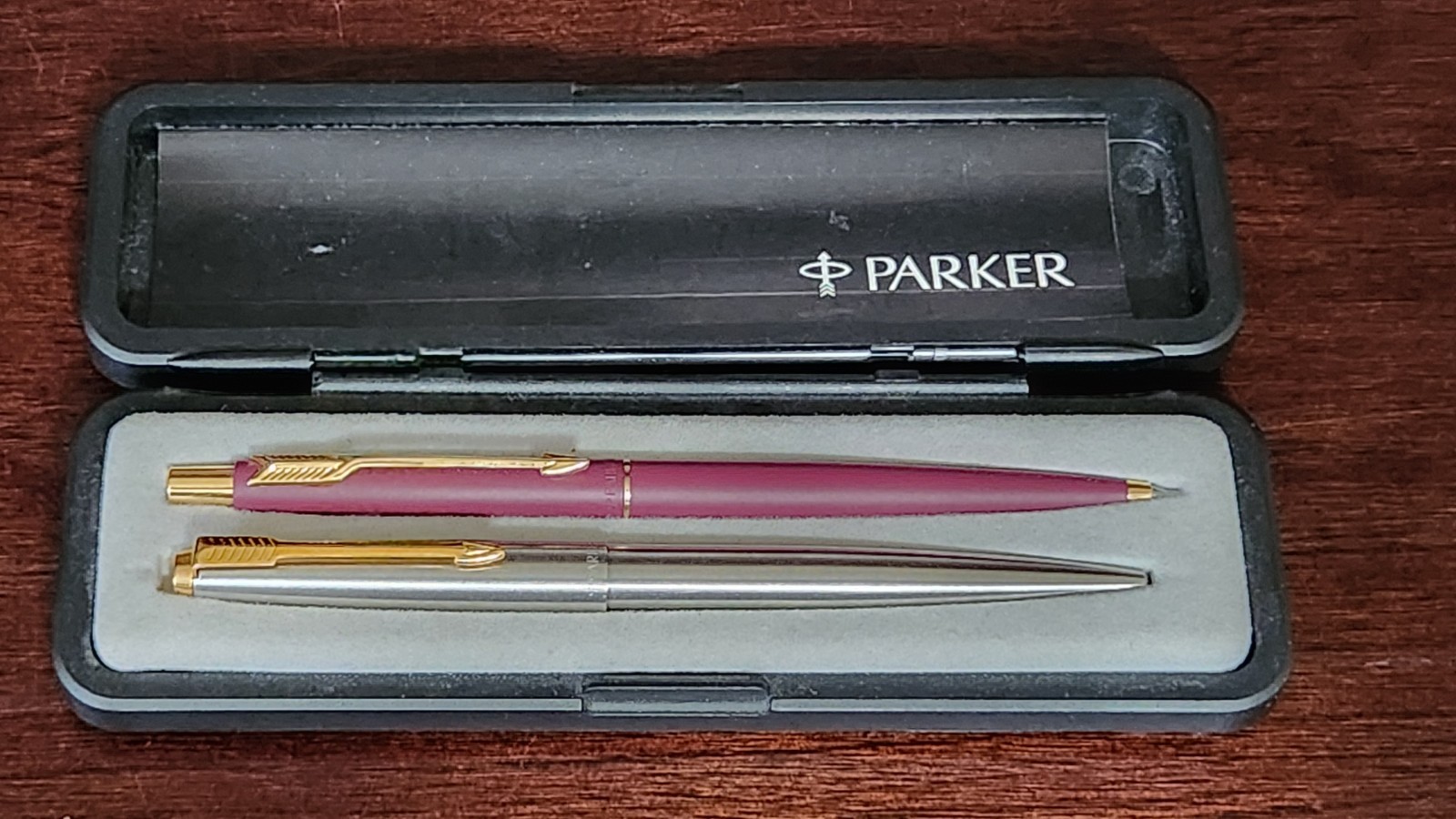Parker Pen + Pencil Set Classic Maroon & Gold Pencil , Silver Pen With Case