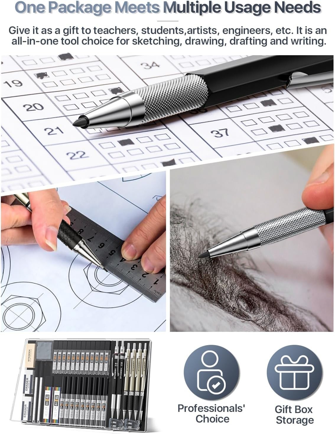 Mechanical Pencil Set with Case 37 Count, Drawing Pencils 0.3, 0.5, 0.7, 0.9M…