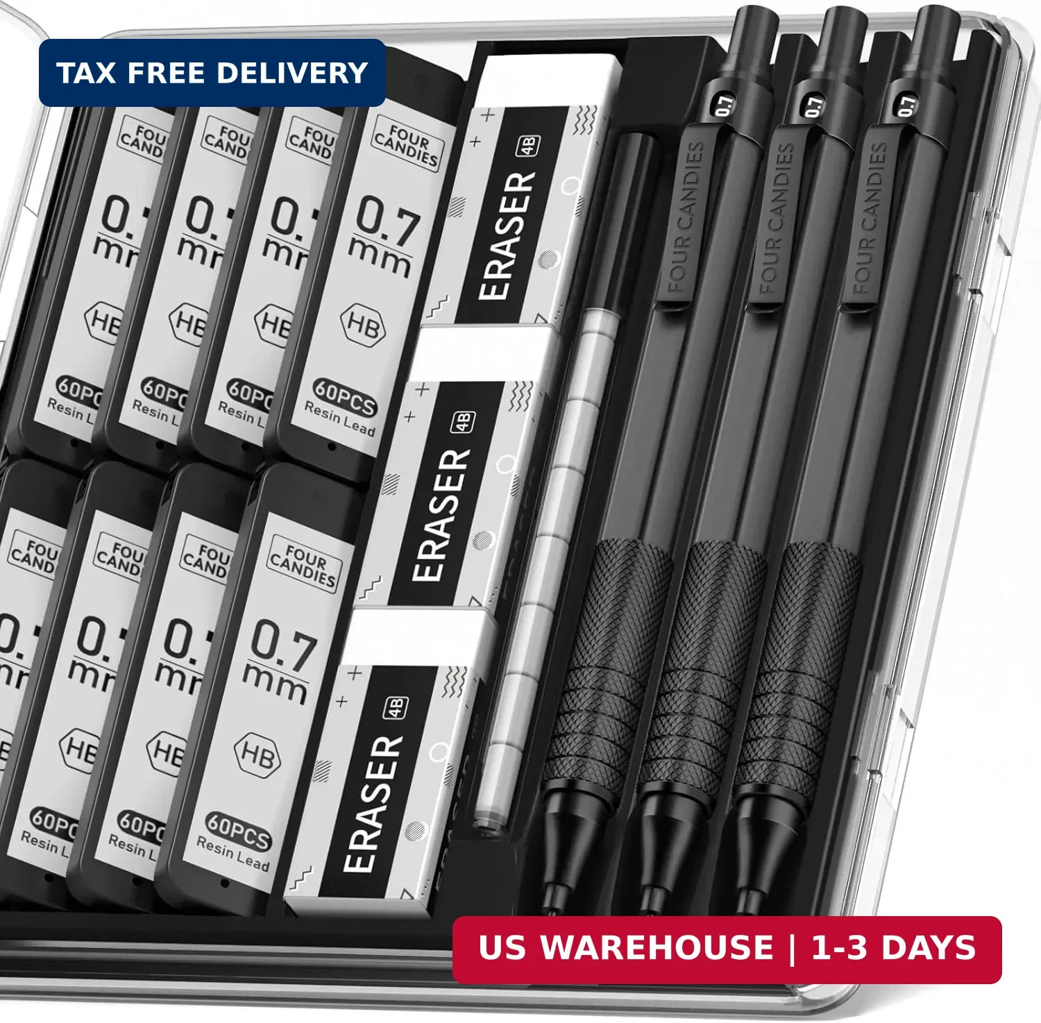 Four Candies Mechanical Graphite Pencil Set, 3pcs Black Metal Pencils with Anti-