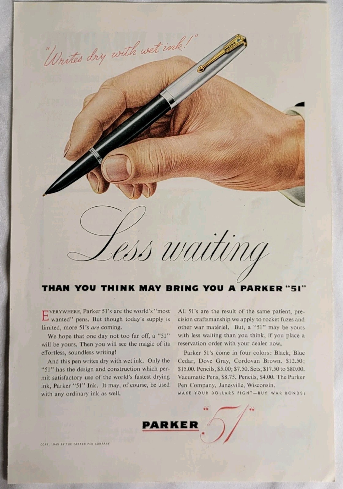 Parker Pen 51 Color Print Ad, Vtg, 1945, Hand, Write, Office, Quick Dry Ink