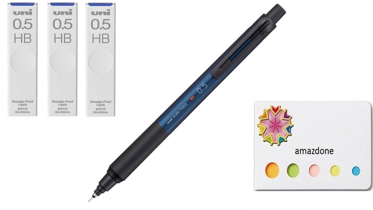 Uni Kurutoga KS 0.5mm Mechanical Pencil Navy M5KS1P.9 HB Leads Sticky Notes