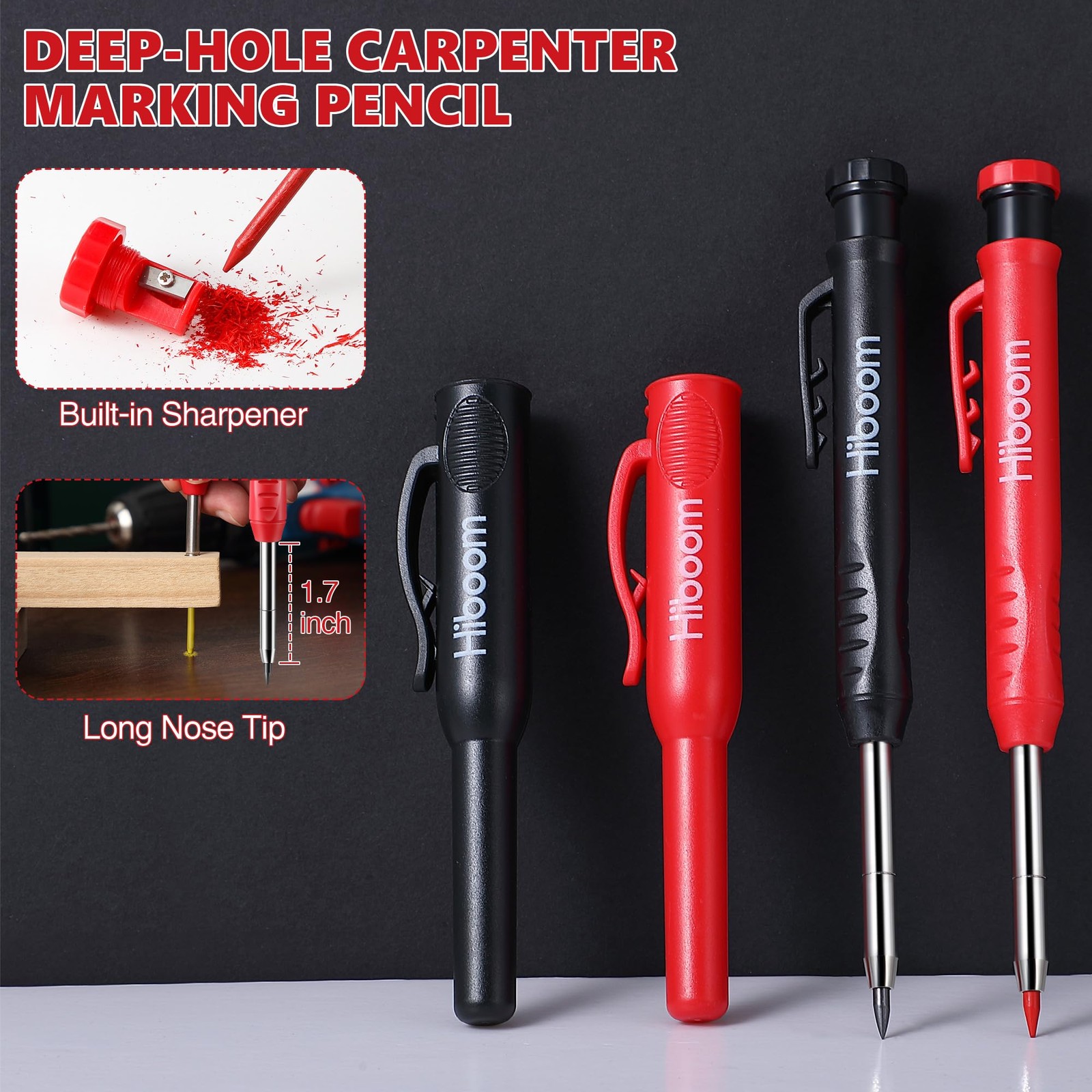 Hiboom 2 Pcs Carpenter Mechanical Pencils Marker with 18 Refills Red