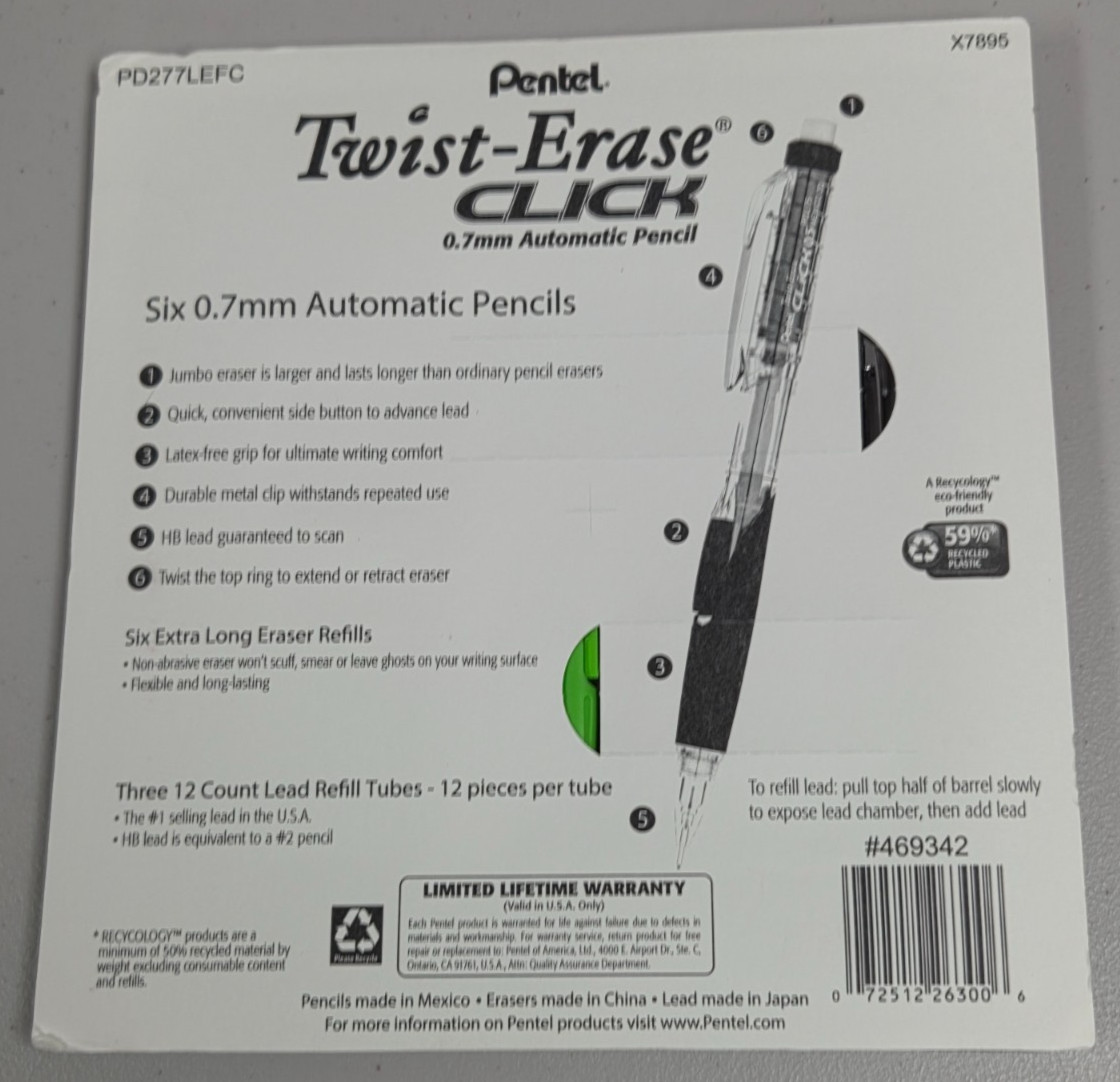 Pentel Twist-Erase Click Mechanical 0.7 mm Automatic Pencil Set + Leads + Eraser
