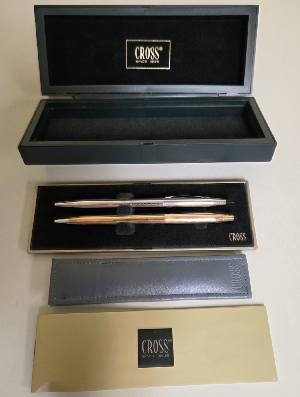 Vintage Cross Classic Century 14K Gold Pencil, Chrome Ballpoint Pen W/ Case, Box