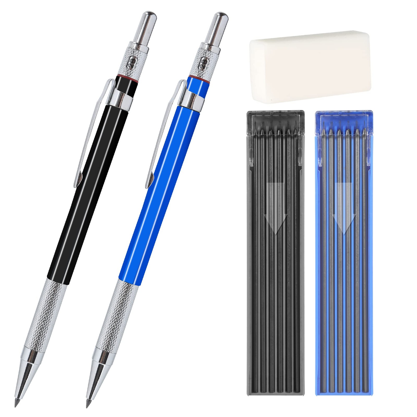 2mm Mechanical Pencil Set 2 Pcs Drafting with HB 2B Lead Refill Metal Sketching