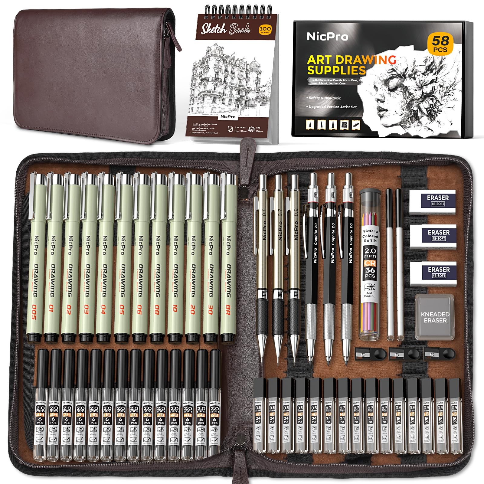 Nicpro 58 PCS Art Drawing Supplies Kit in 0.5mm 0.7mm 0.9mm 2.0mm, Black