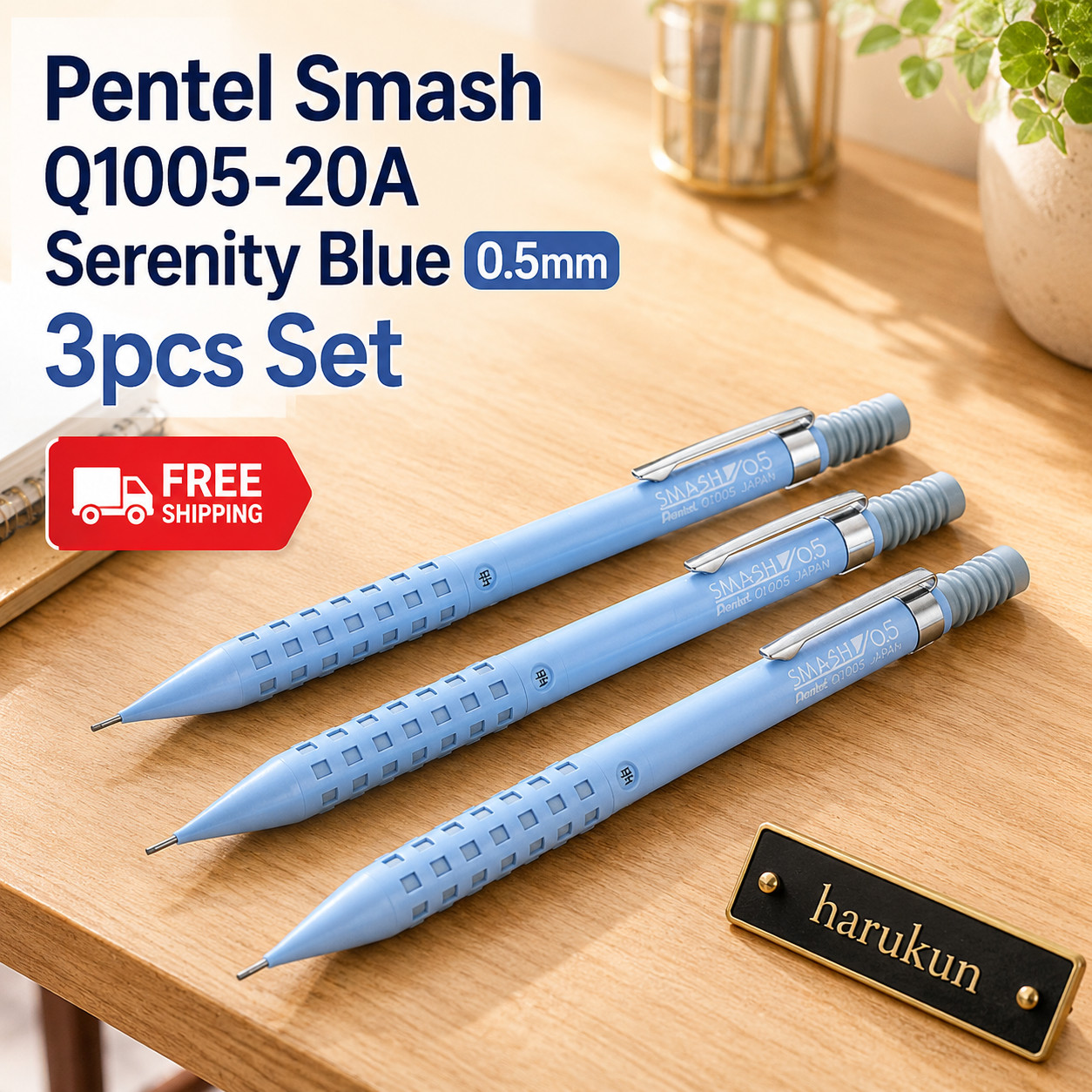 Pentel Smash Q1005-20A Serenity Blue 0.5mm Mechanical Pencil 3pcs Set