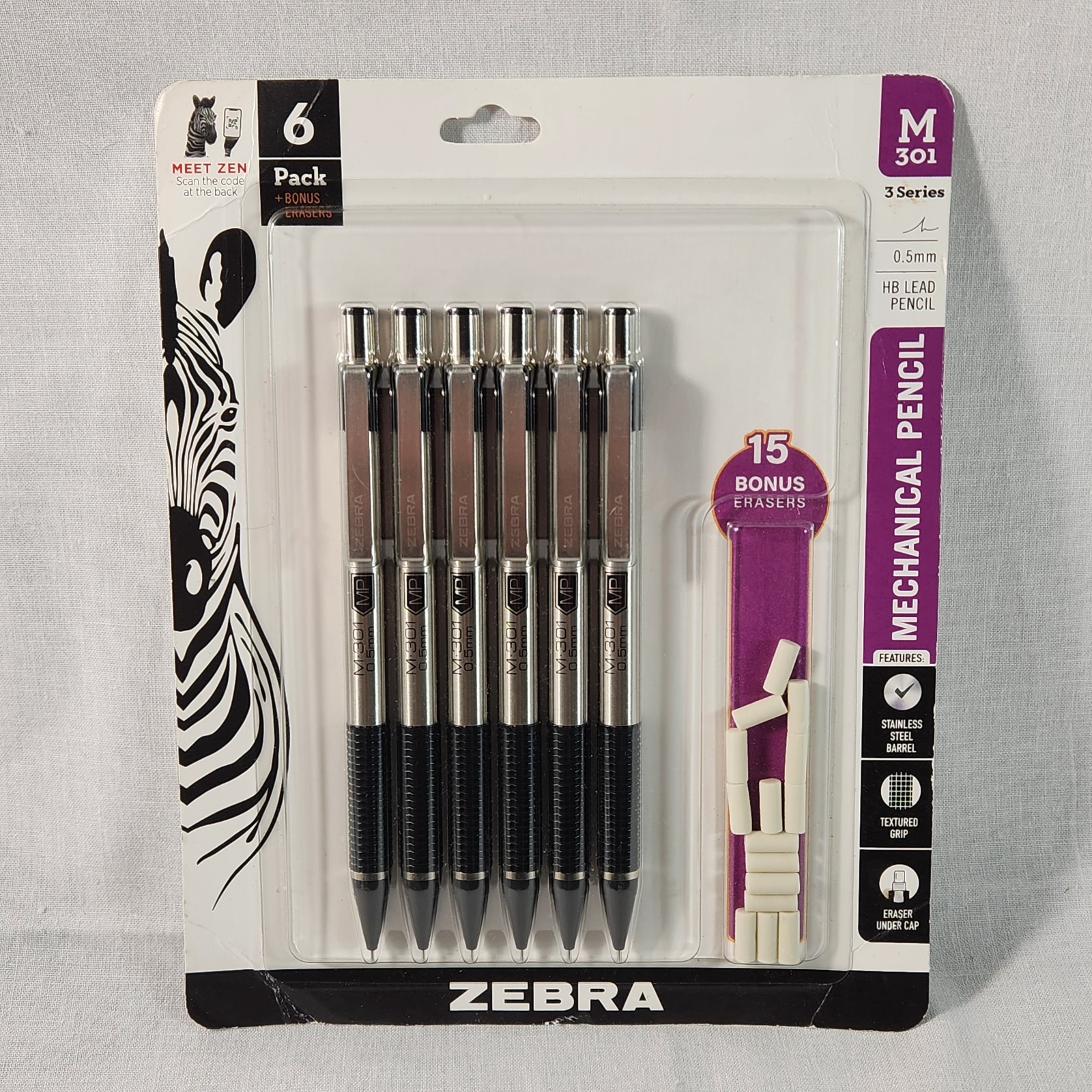 Zebra M-301 Mechanical Pencils 0.5Mm, Standard Stainless Steel HB Lead Pencil, 6