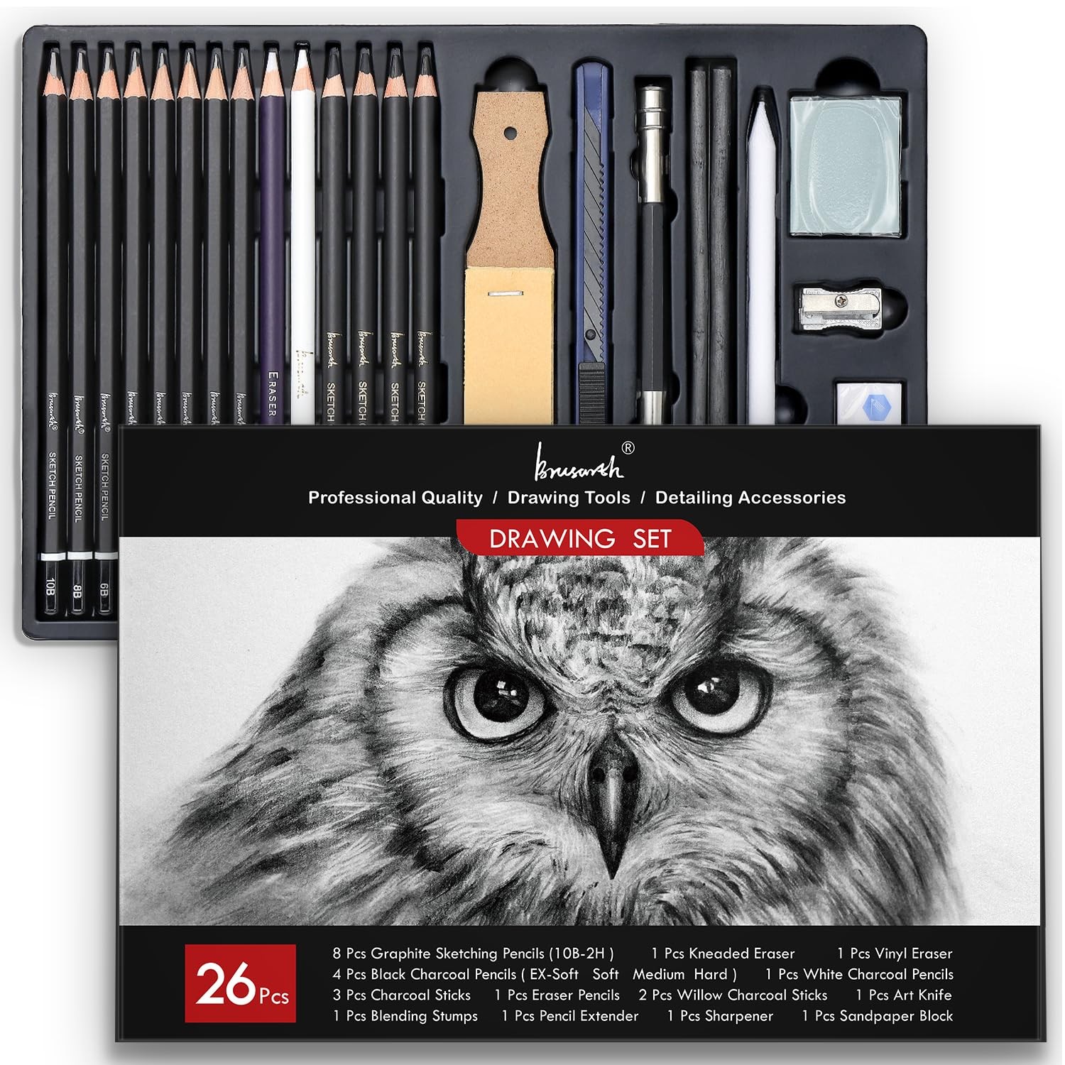 Brusarth Charcoal Pencils for Drawing, Set of 26, Professional Black & White