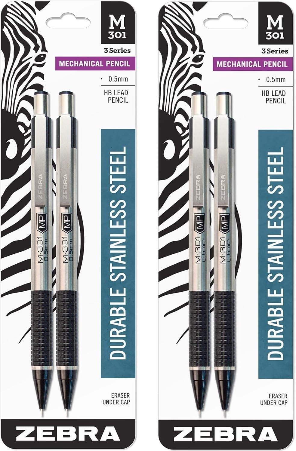 Zebra Pen M-301 Mechanical Pencil, Stainless 2 Count (Pack of 2), Black Grip