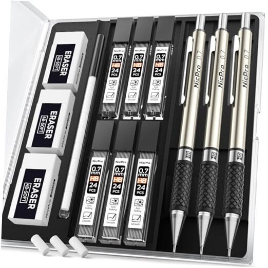 0.7 mm Art Mechanical Pencil Set in Storage Case, 3 PCS Metal 3 Pack 0.7mm