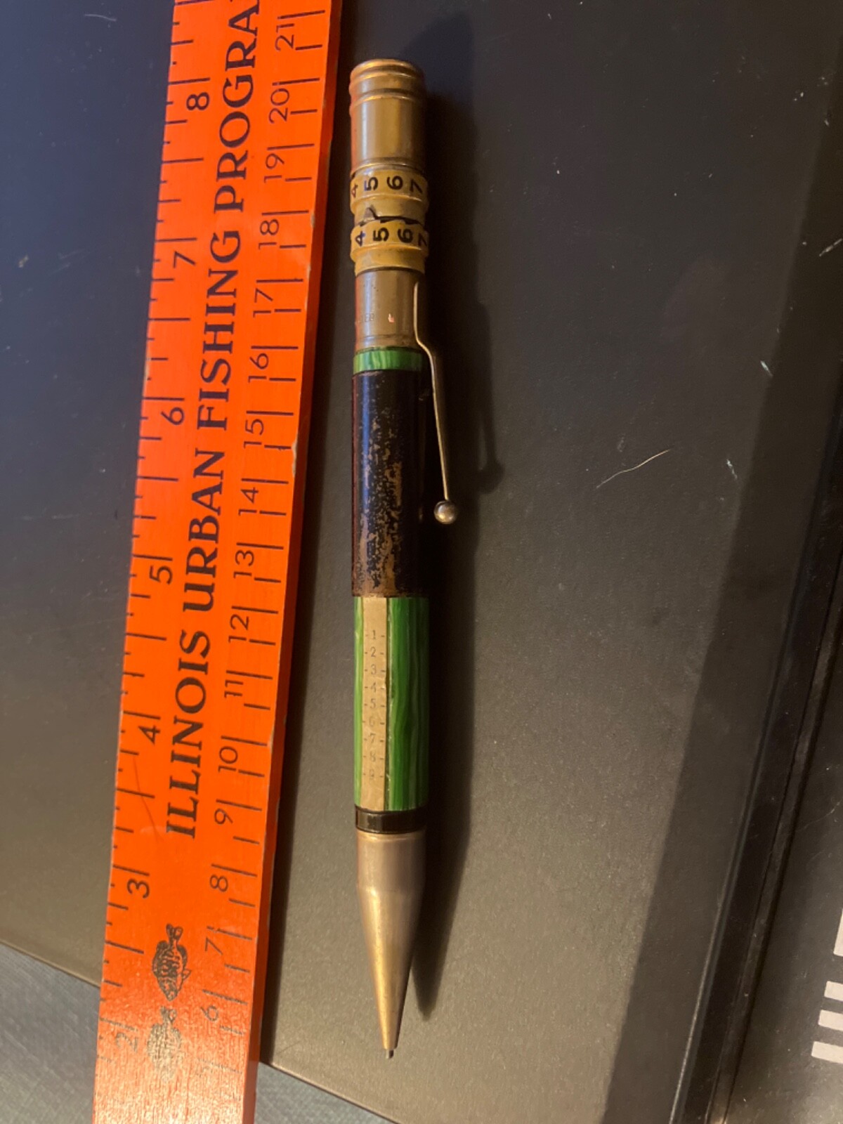 Mechanical Pencil 14K Gold Green/black white w/calculator math function & Lead