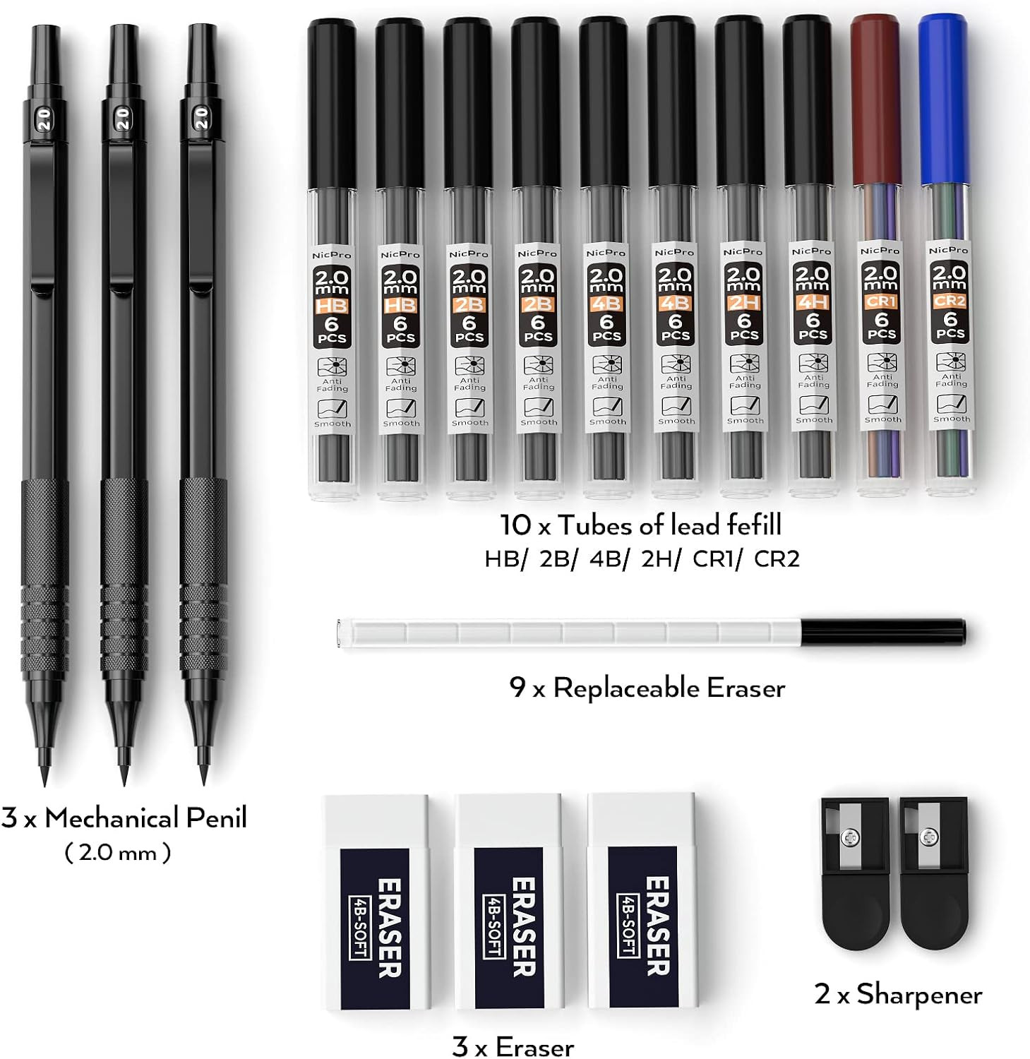 Black Metal 2.0 Mechanical Pencil Set with Case, 3 PCS Drafting Lead Holder with