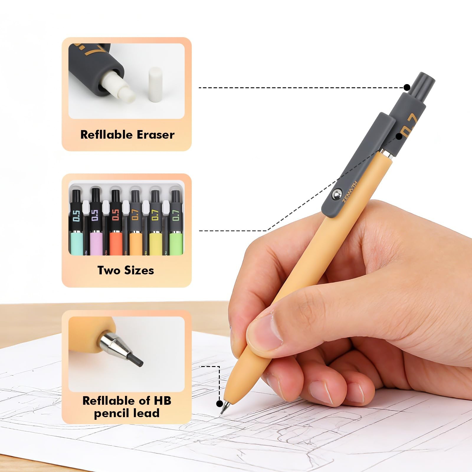 6 PCS Art Mechanical Pencils 0.5 0.7mm 4 Boxes HB Leads Erasers Refills Set