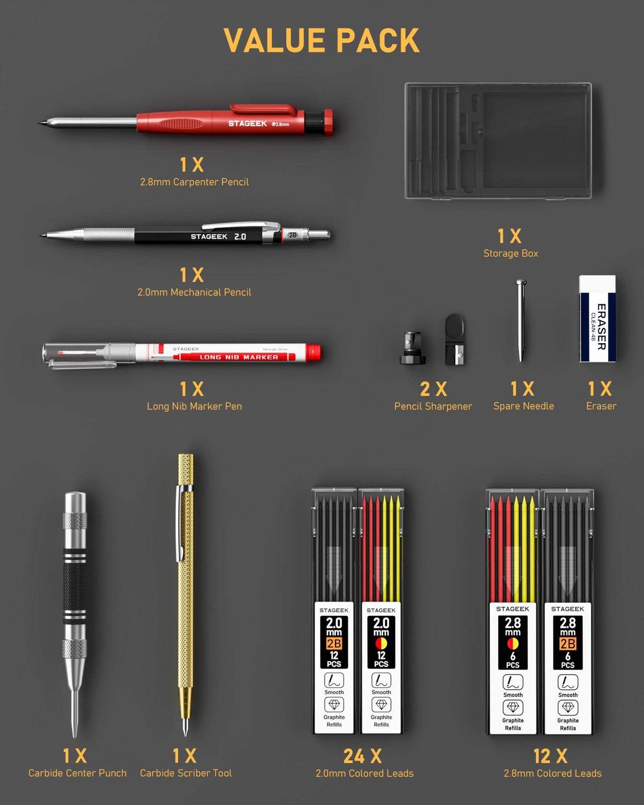 14 Pack Carpenter Pencil Set with Sharpener