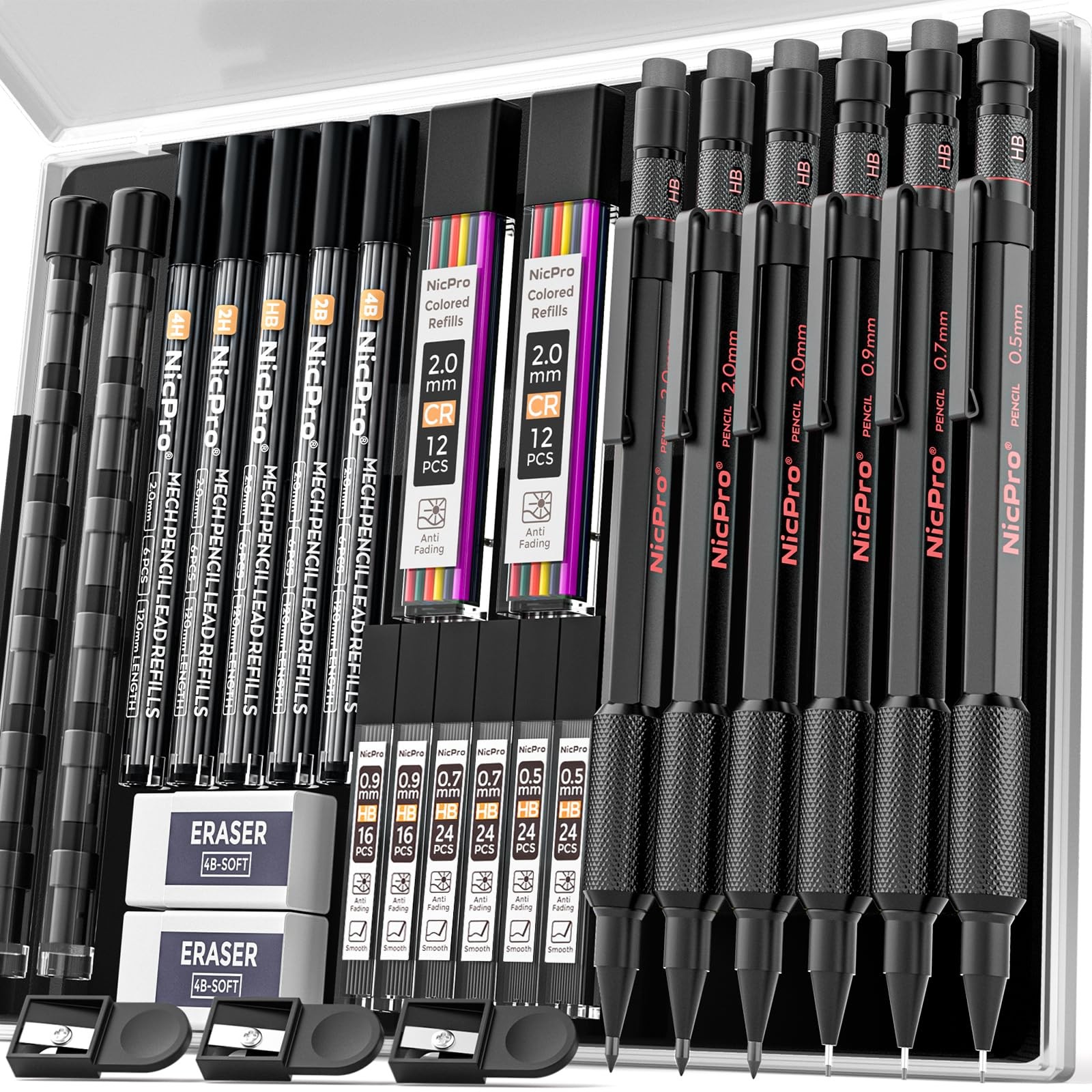 Nicpro Metal Mechanical Pencil Set, 3PCS Art Drafting 6 Pack, Black
