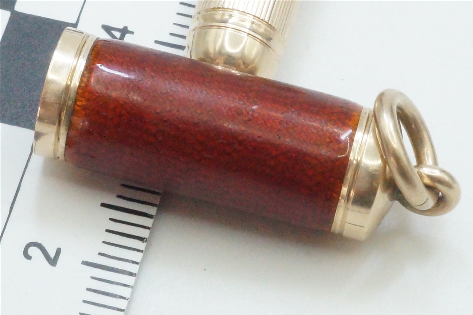 ANTIQUE ENGLISH 9k GOLD ENAMEL ‘MAGIC’ BULLET PENCIL FOB CHARM c1900