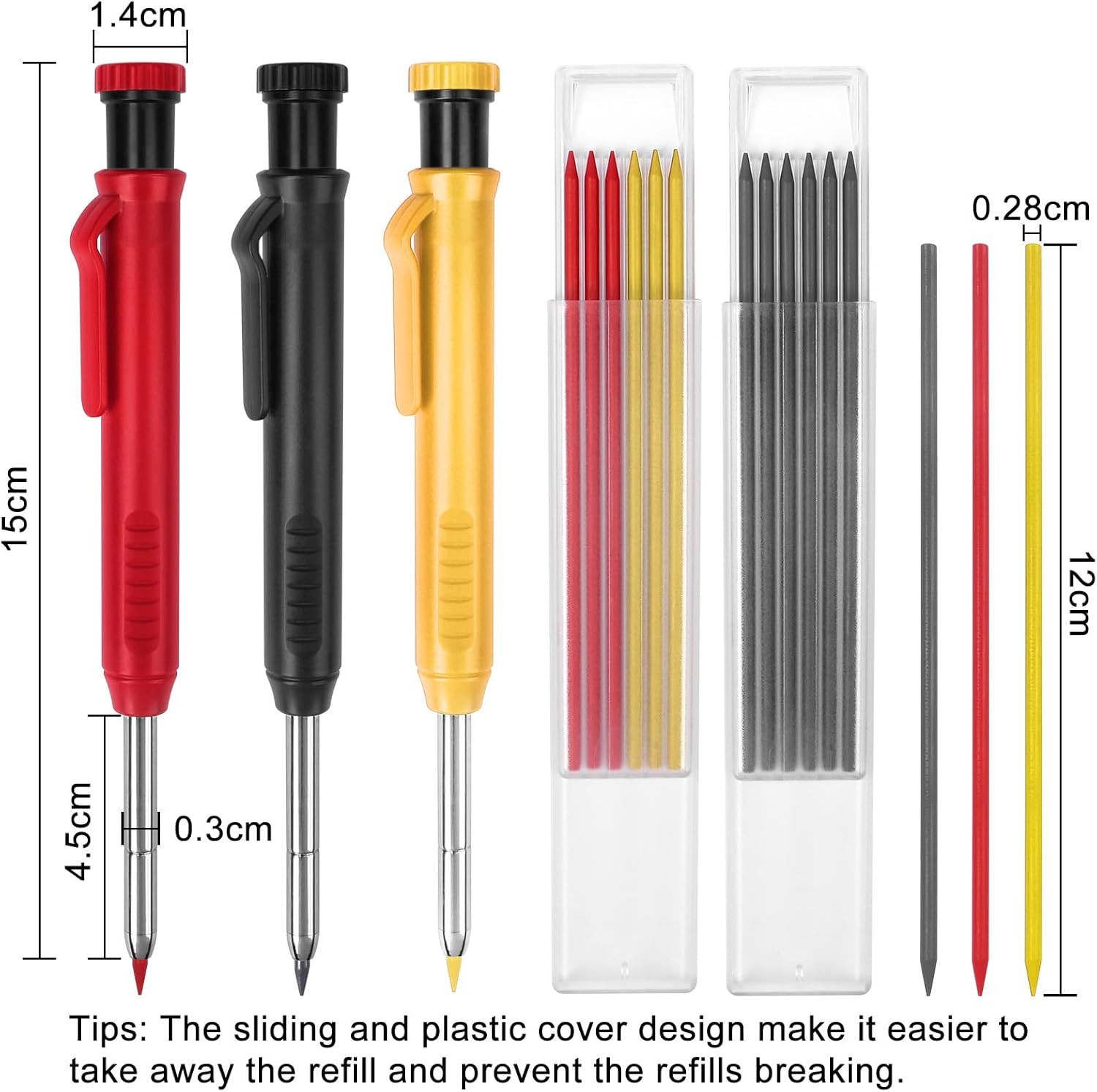 3 Pack Mechanical Carpenter Pencils Deep Hole Marker Set w/ 36 Refills Sharpener