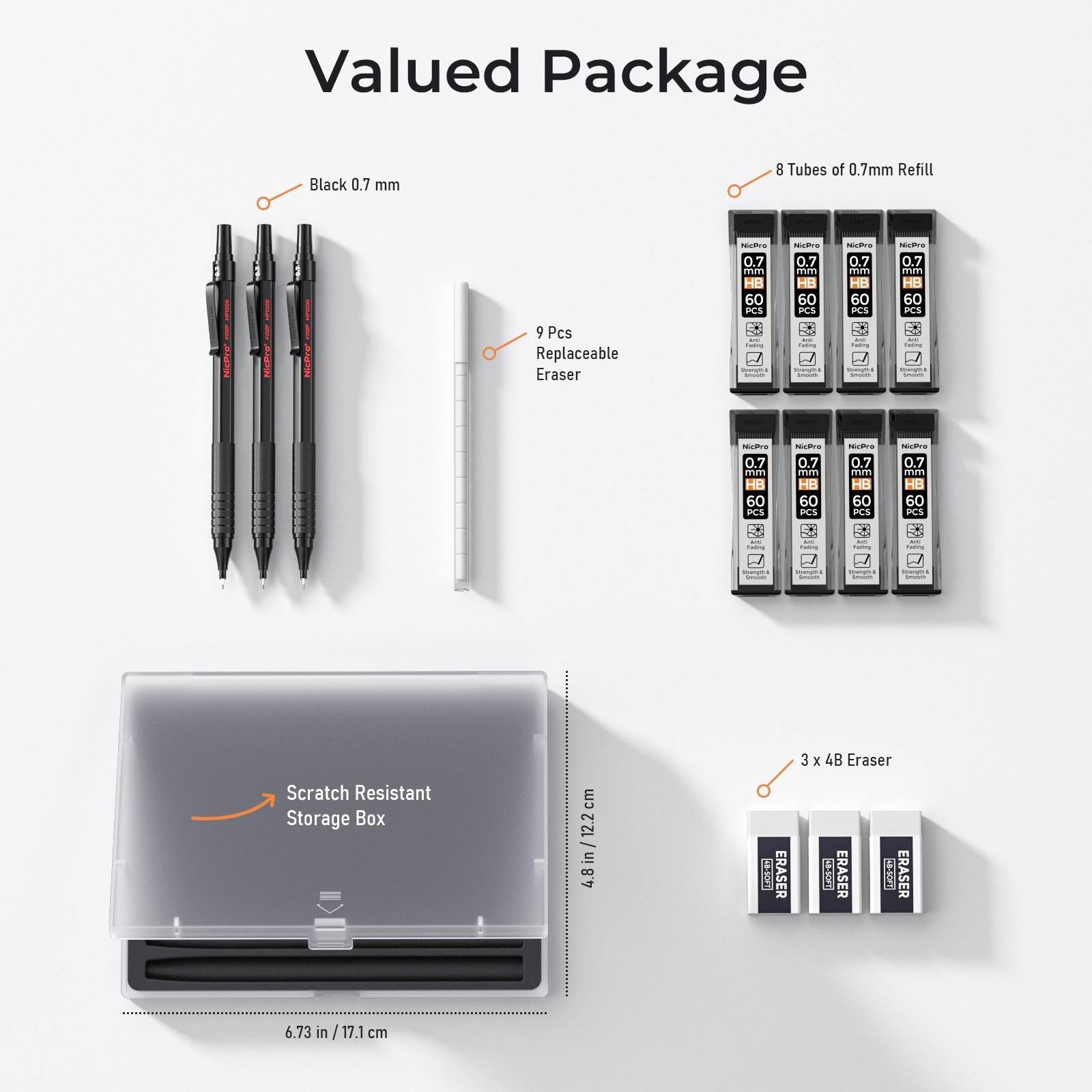 Nicpro 0.7mm Mechanical Pencil Set: 3 Metal, 8 HB Refills, 12 Erasers, Case