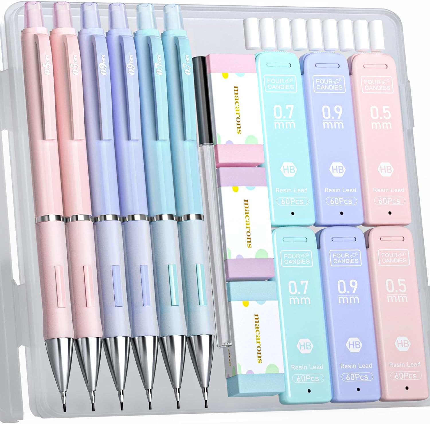 Four Candies 6PCS Cute Mechanical Pencil Set, 0.5Mm 0.7Mm 0.9Mm with 360PCS Lead
