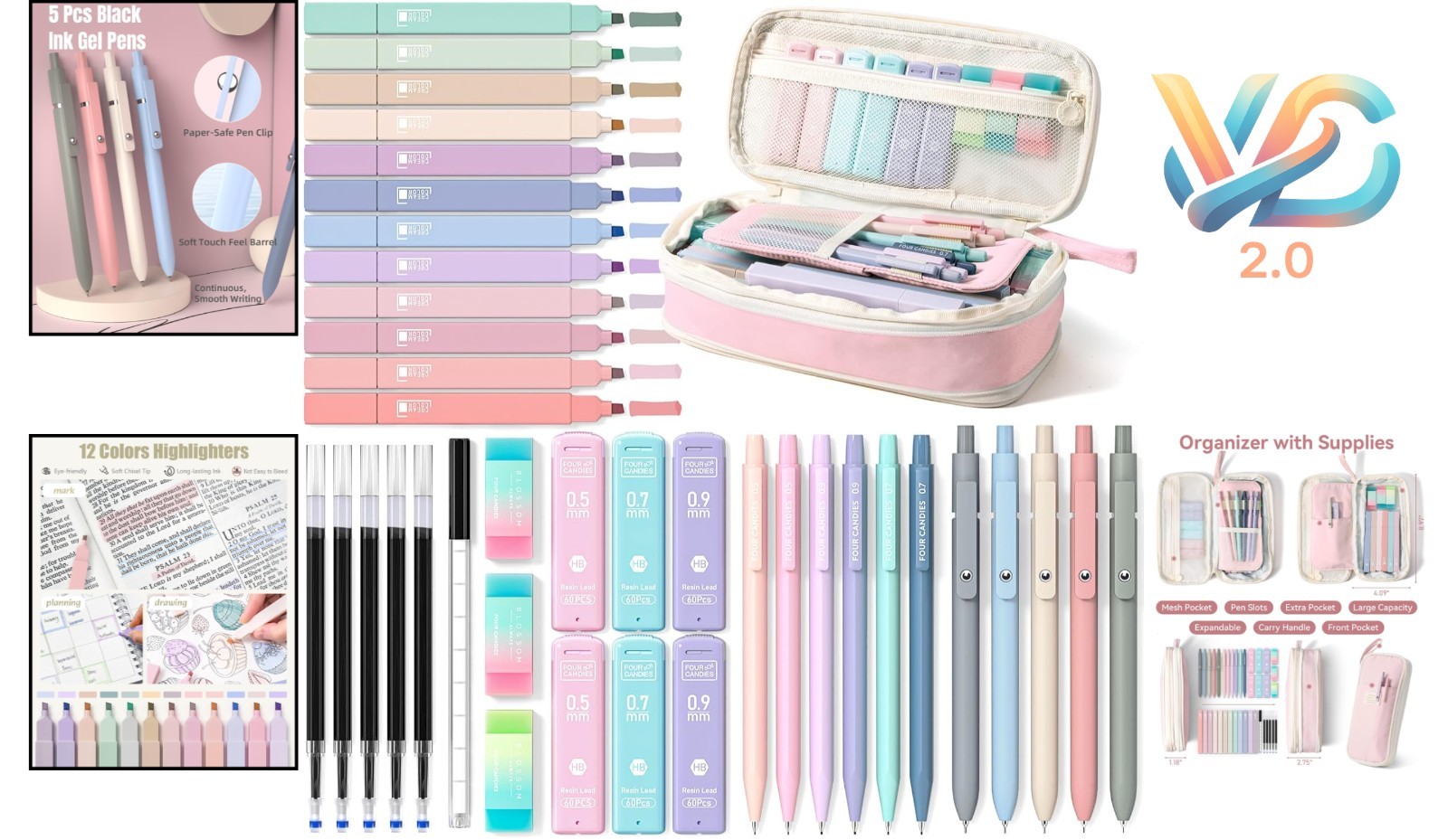 39PCS Stationery Set Pastel Highlighters Gel Pens Erasers Organizer Pink