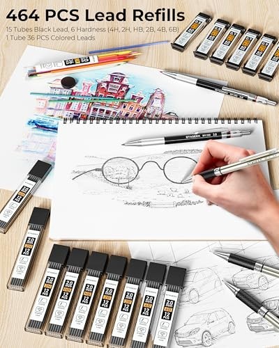 30-Count Mechanical Pencil Set with Leather Bag, 0.5/0.7/0.9MM + 2MM Sketch Penc