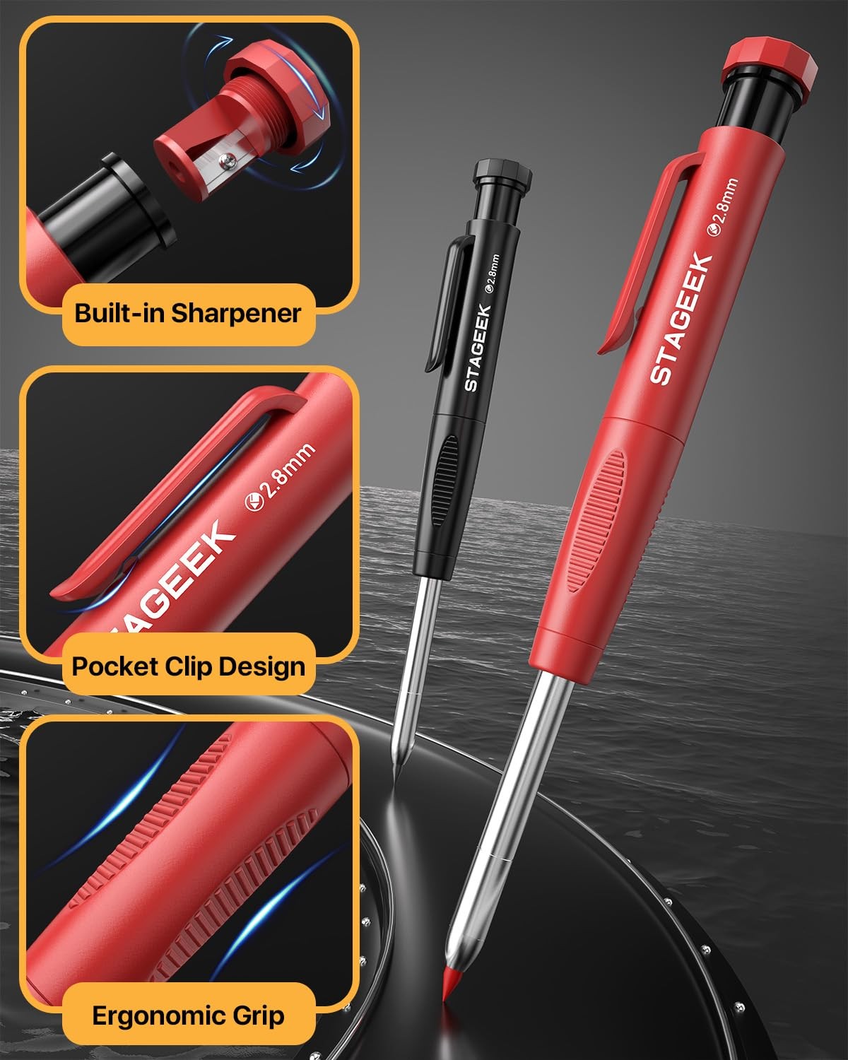 Carpenter Pencils with Sharpener, 2.8mm Mechanical Pencil Set Red+Black