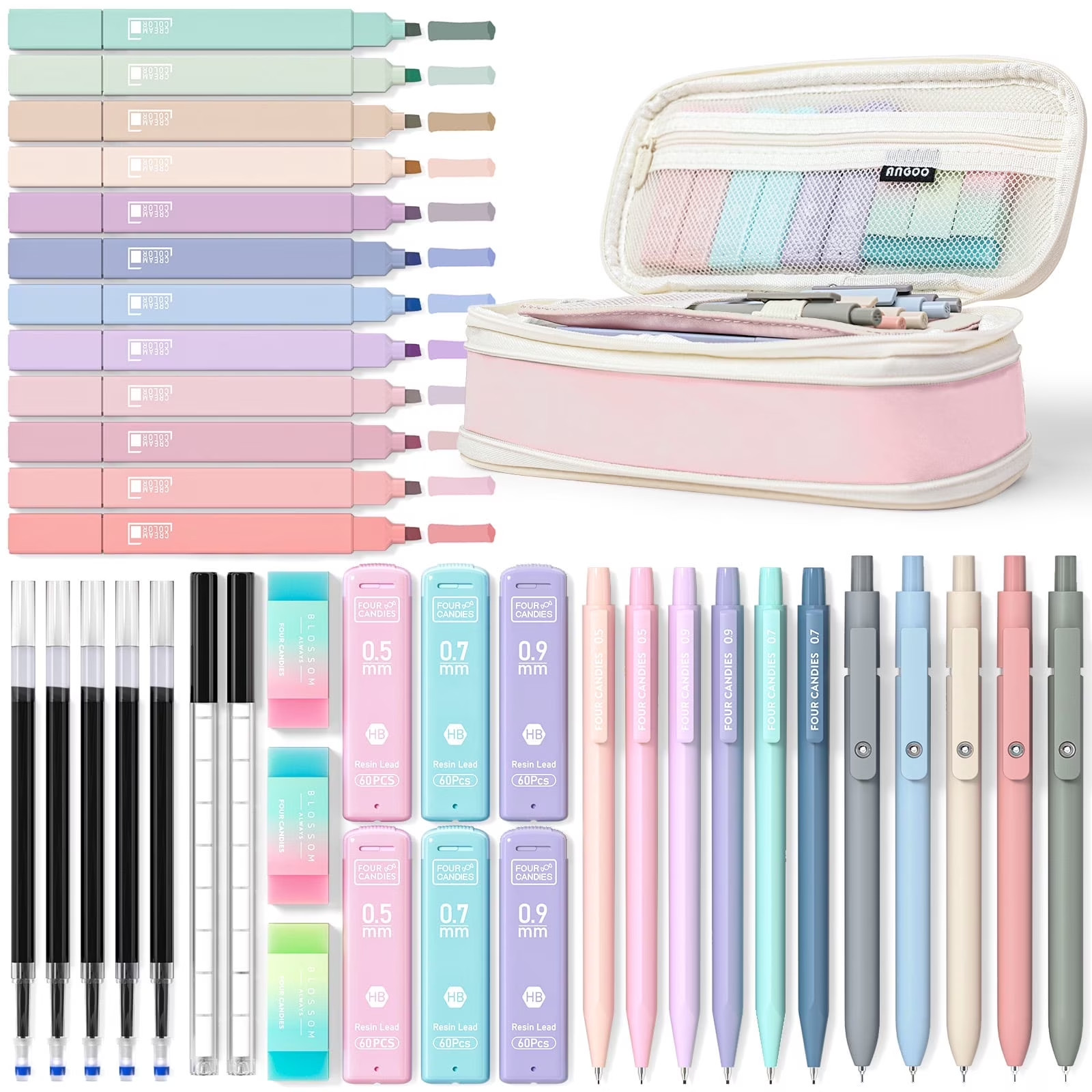 39 PCS Aesthetic Supplies with Cute Pen Case, 12 Pastel Highlighters, 5 Black In