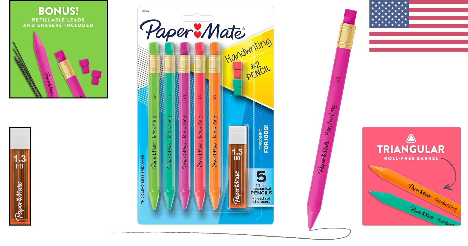 Assorted Color Triangular Mechanical Pencils 1.3mm with Lead & Erasers 8 Count