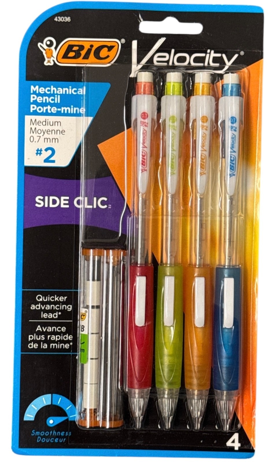 BIC Velocity Side Clic Mechanical Pencils 0.7mm #2 Medium Lead 4-Pack w/ Refill