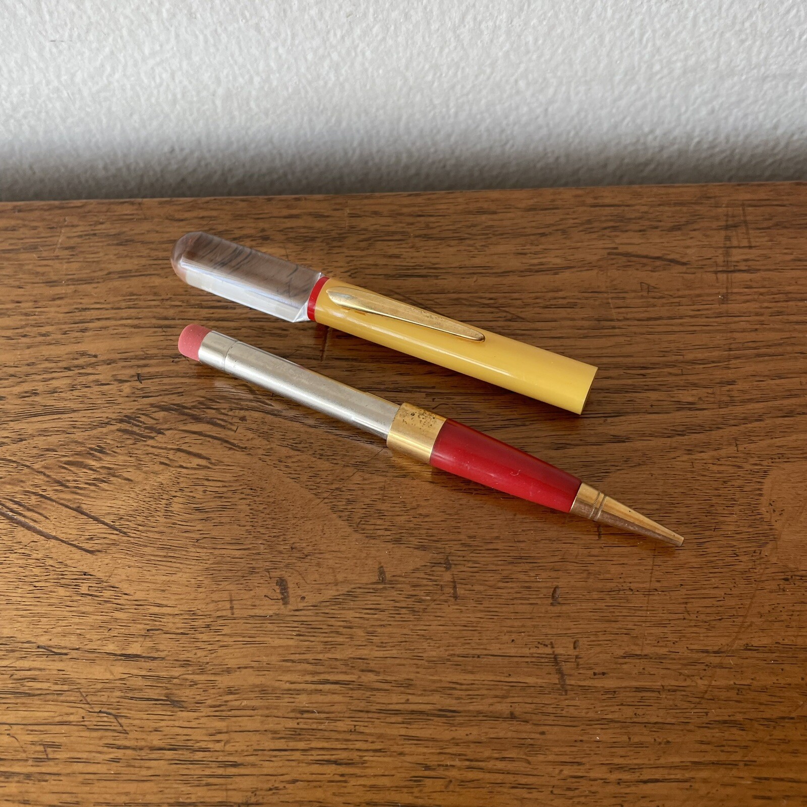Vintage Mechanical Pencil Yellow & Red Plastic, Clear Lucite, Eraser, 6-1/4″ MCM