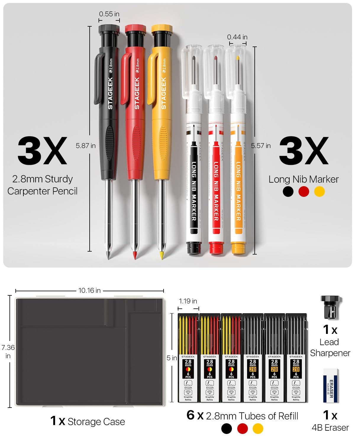 2.8mm Carpenter Pencils with Sharpener, 3Pack, Storage Case