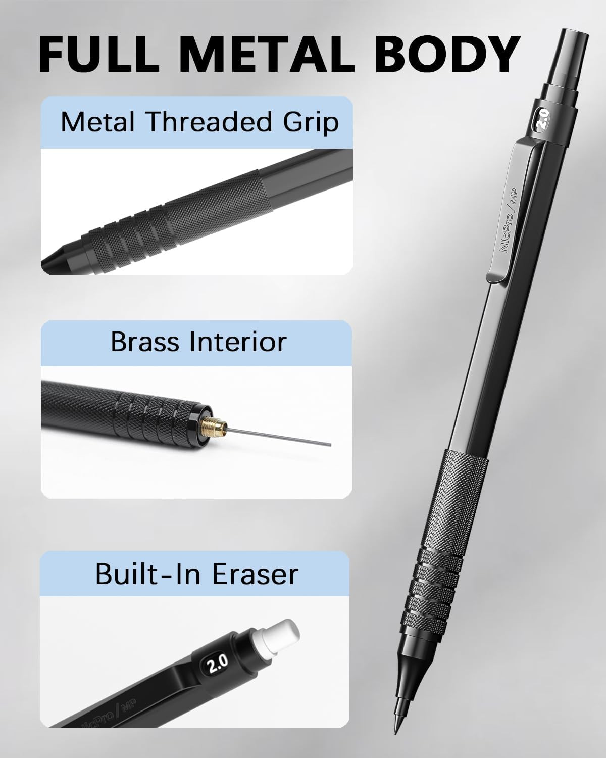 Black Metal 2.0 Mechanical Pencil Set with Case, 3 PCS Drafting Lead Holder with