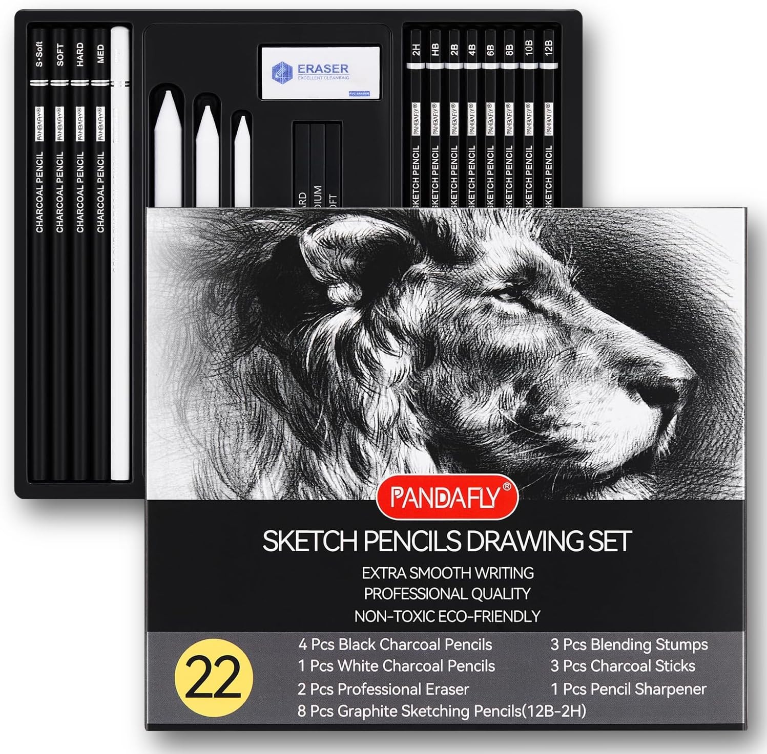 PANDAFLY Drawing Sketching Pencil Set, 1 Count (Pack of 22), 22 Pack – Black