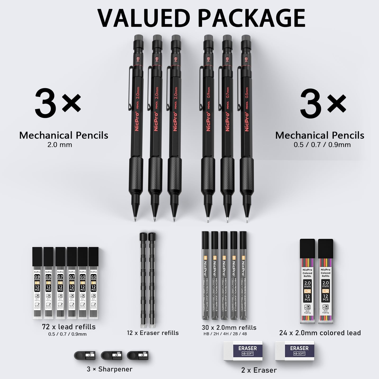 Nicpro Metal Mechanical Pencil Set, 3PCS Art Drafting 6 Pack, Black