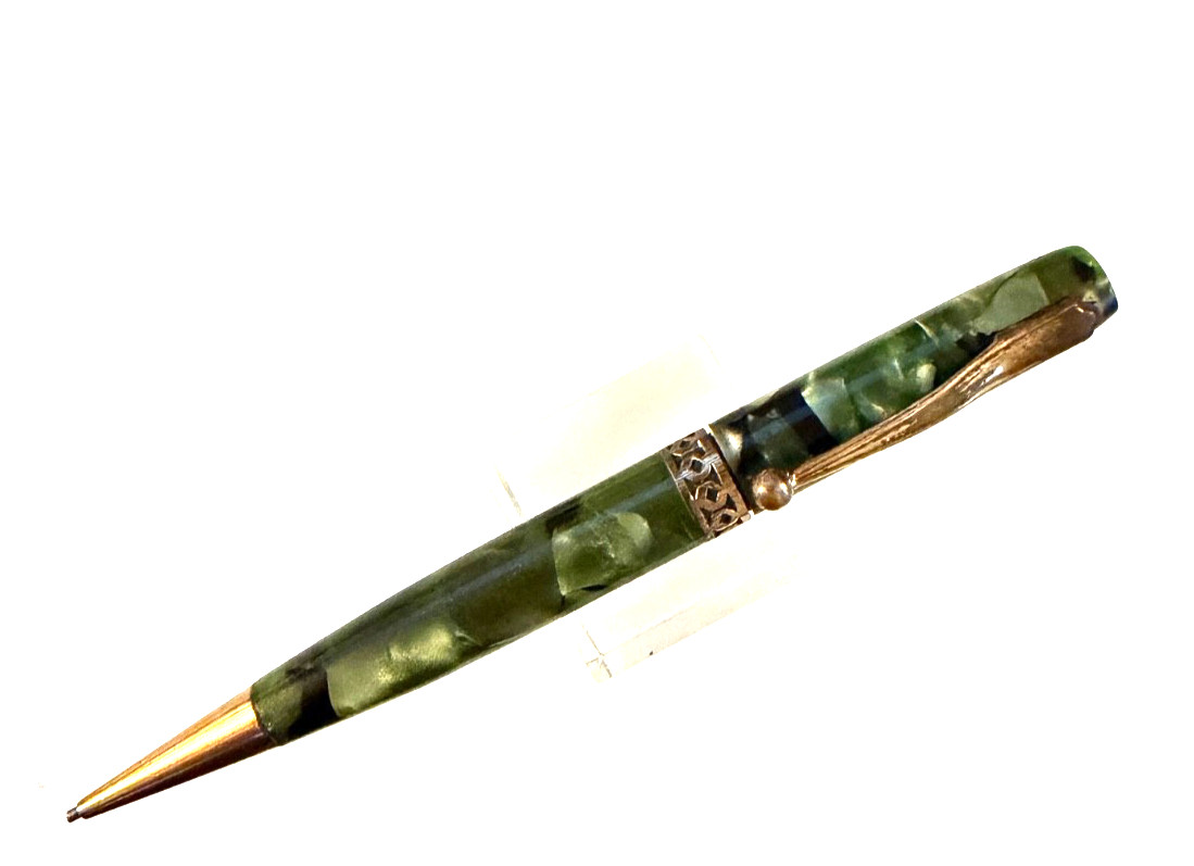 Vintage Green & Black mottled pencil with gold trim. Scroll cap band. Beauty!