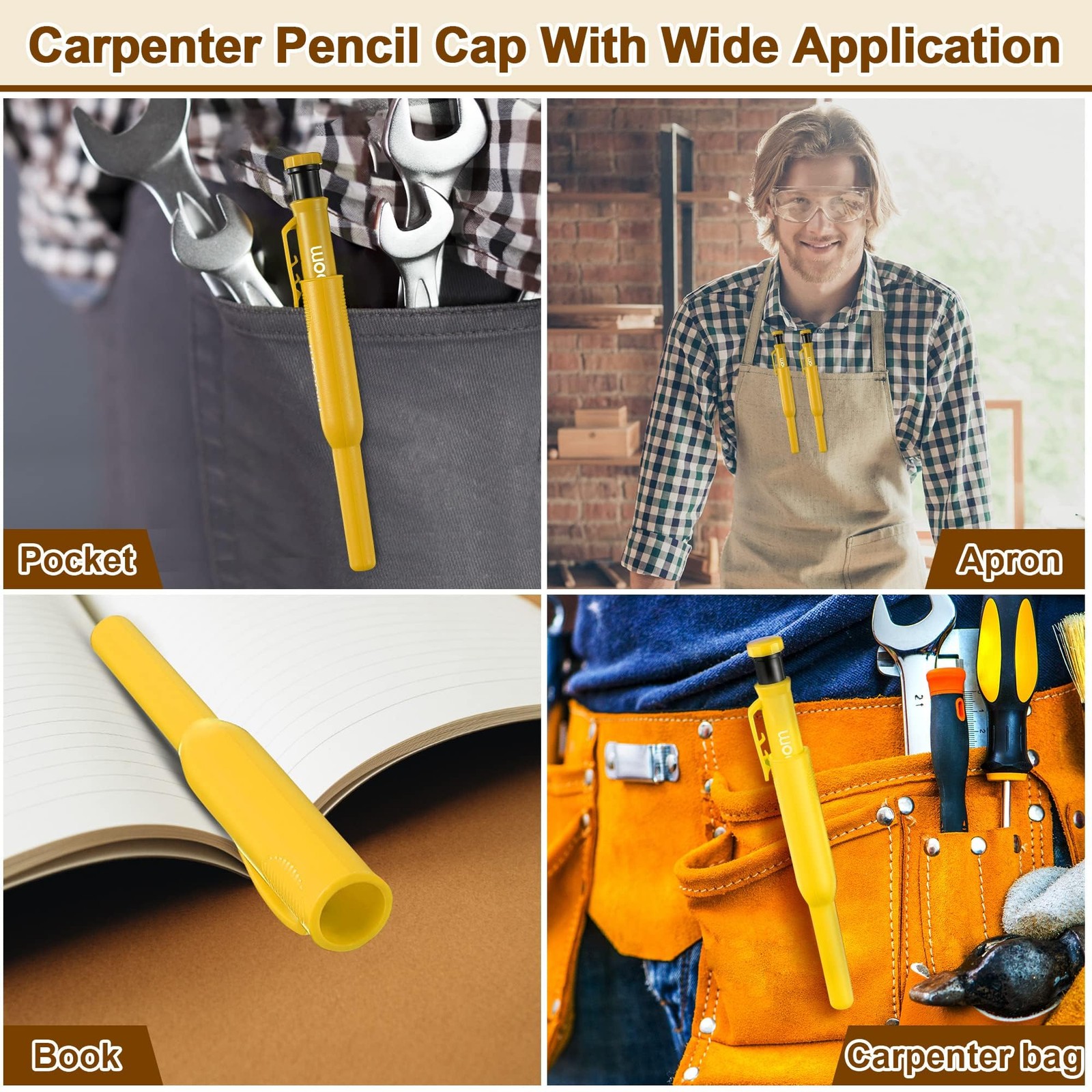 Hiboom 2 Pack Solid Carpenter Pencils with Pencil Cap and 18 Refills, Yellow