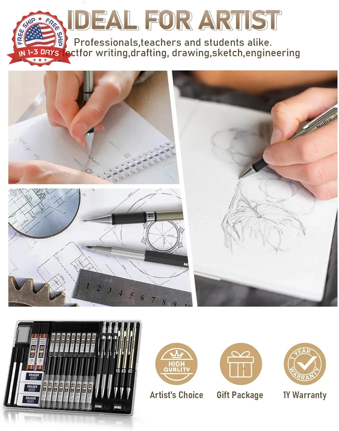 Nicpro 35PCS Art Mechanical Pencil Set, 3 PCS Metal Drafting Pencil 0.5 mm & 0.7