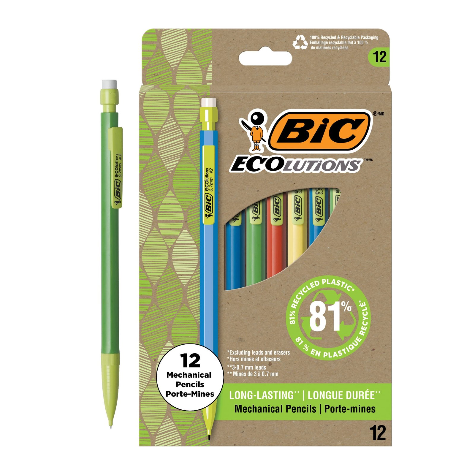 ReVolution Mechanical Pencil 12 Count Recycled Plastic 0.7mm Lead Durable Colors