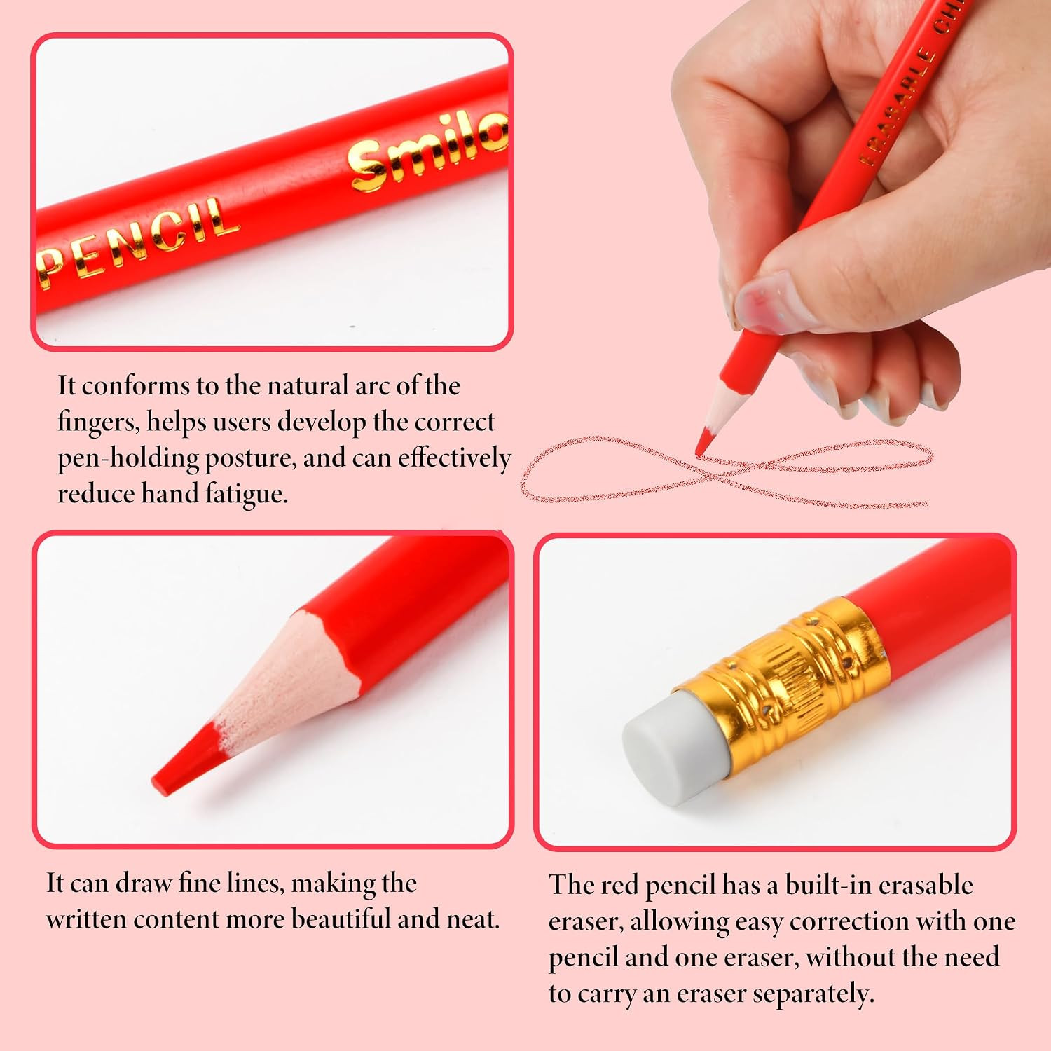24-Count Red Pencils with Erasers, Erasable Pre-Sharpened Triangular Grip for Co