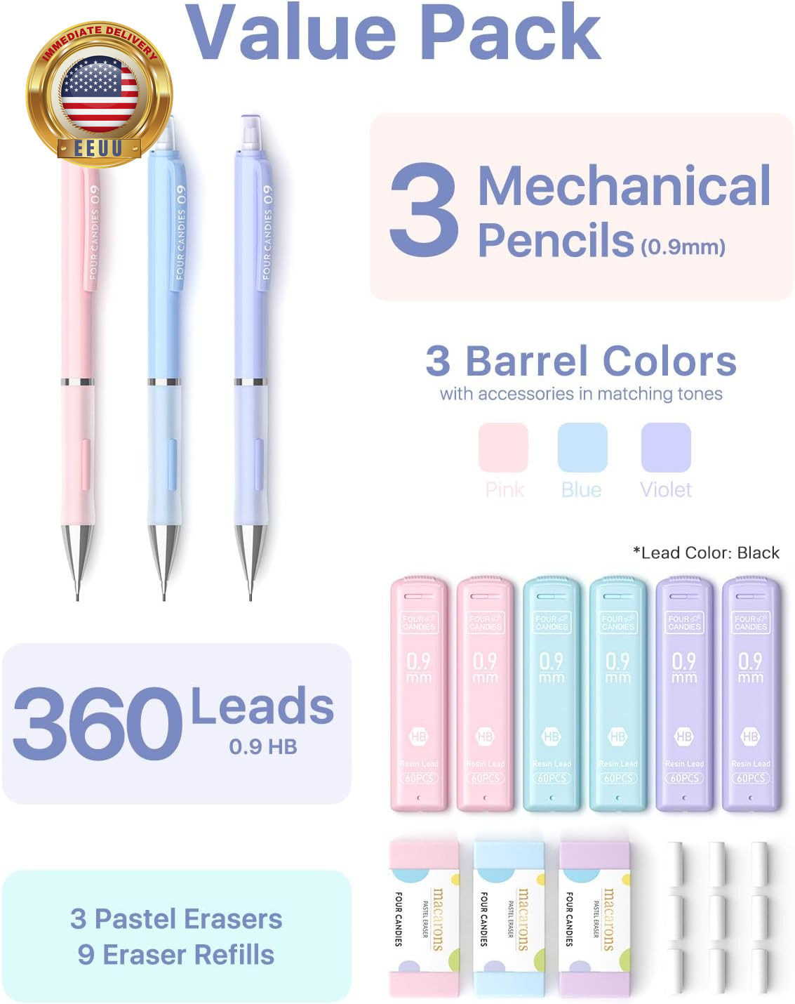 3PCS Cute Mechanical Pencils Set, 0.9Mm with 360PCS Thick Leads, Pastel Erasers