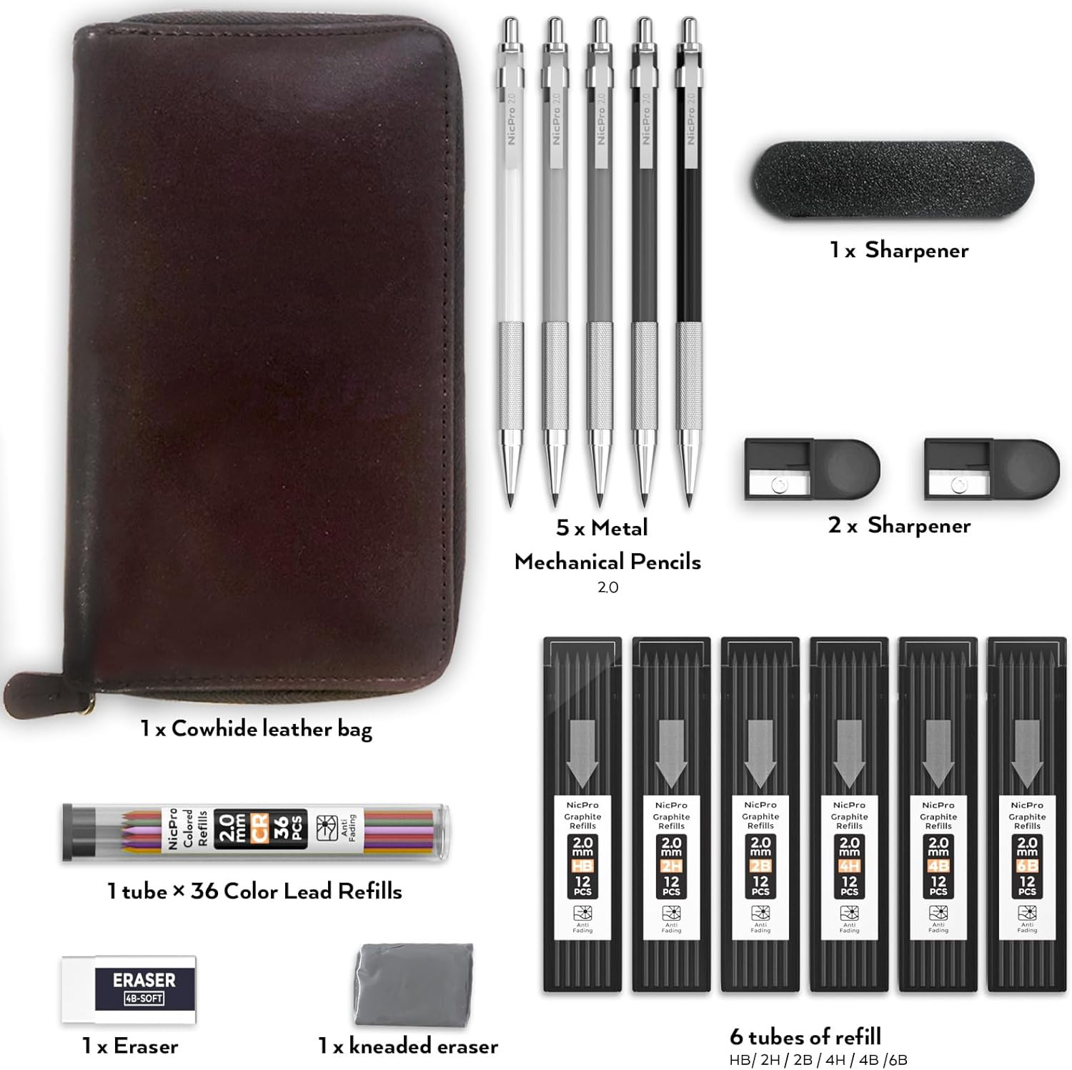 17PCS Metal 2Mm Mechanical Pencil Set in Leather Case, 5 PCS 2.0 Mm Lead Pencil