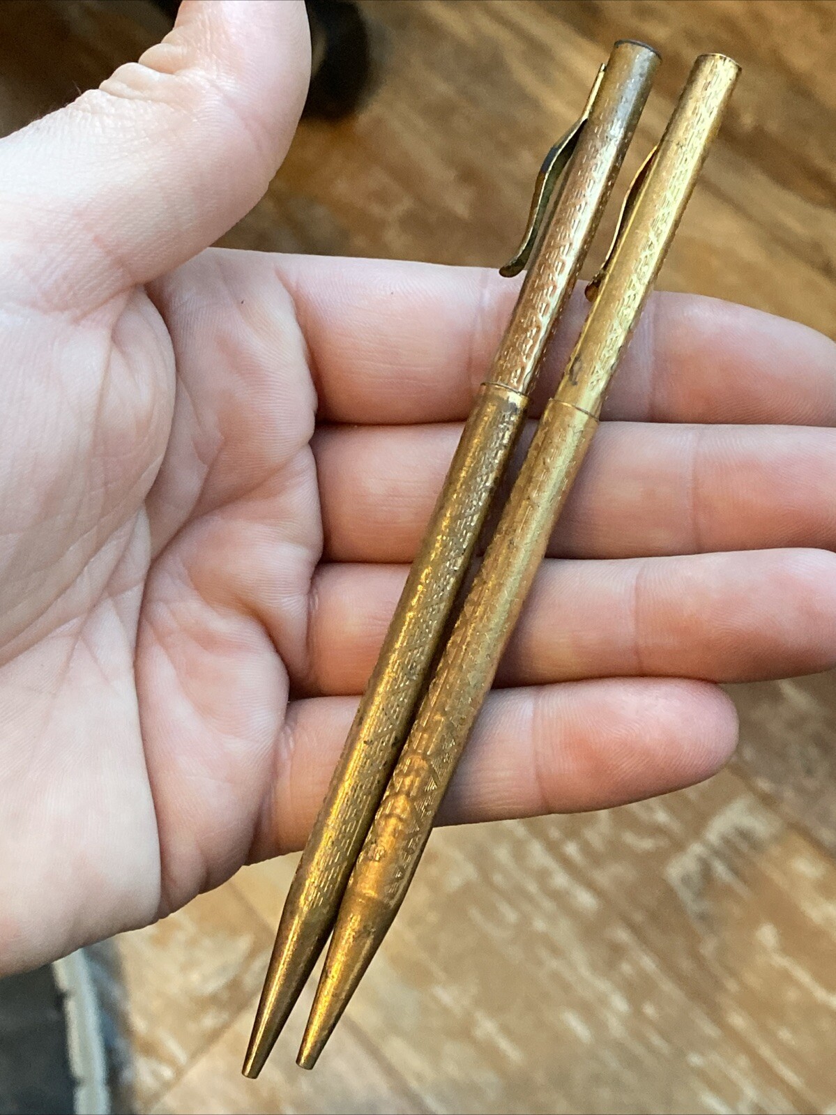 2 Early Telescoping Collapsible Fancy Gold Filled Mechanical Pocket Pencil AS IS