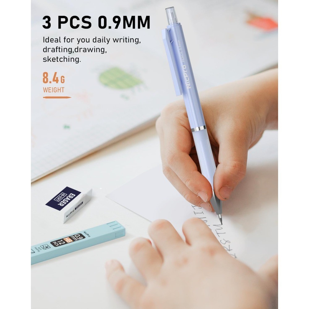 Pastel Mechanical Pencil Set 0.9mm, 3 Pencils with HB Lead Refills, 3 Erasers