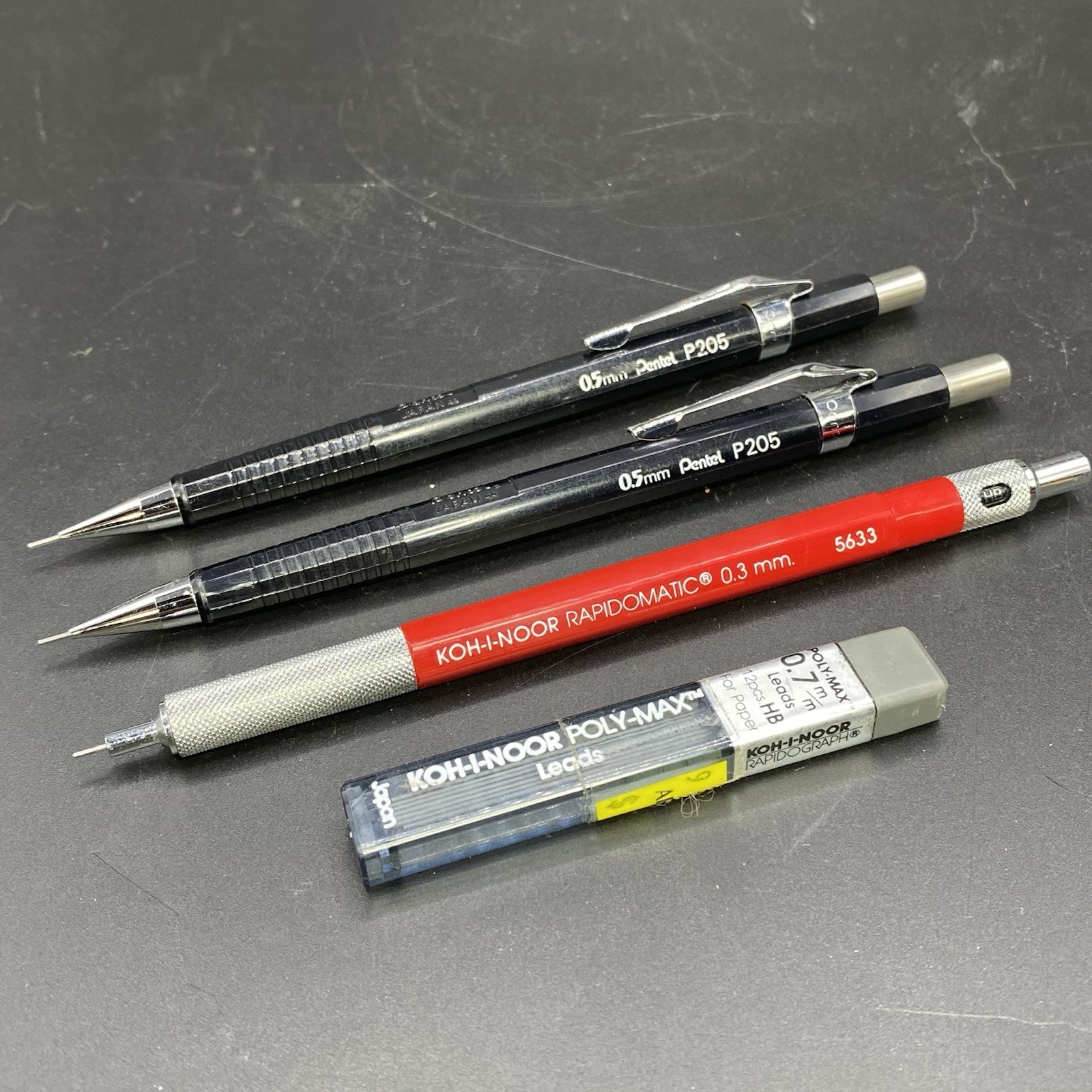 Vintage Koh-I-Noor Rapidomatic 5633 Red 0.3mm & 2 Pentel P205 0.5mm Drafting Set