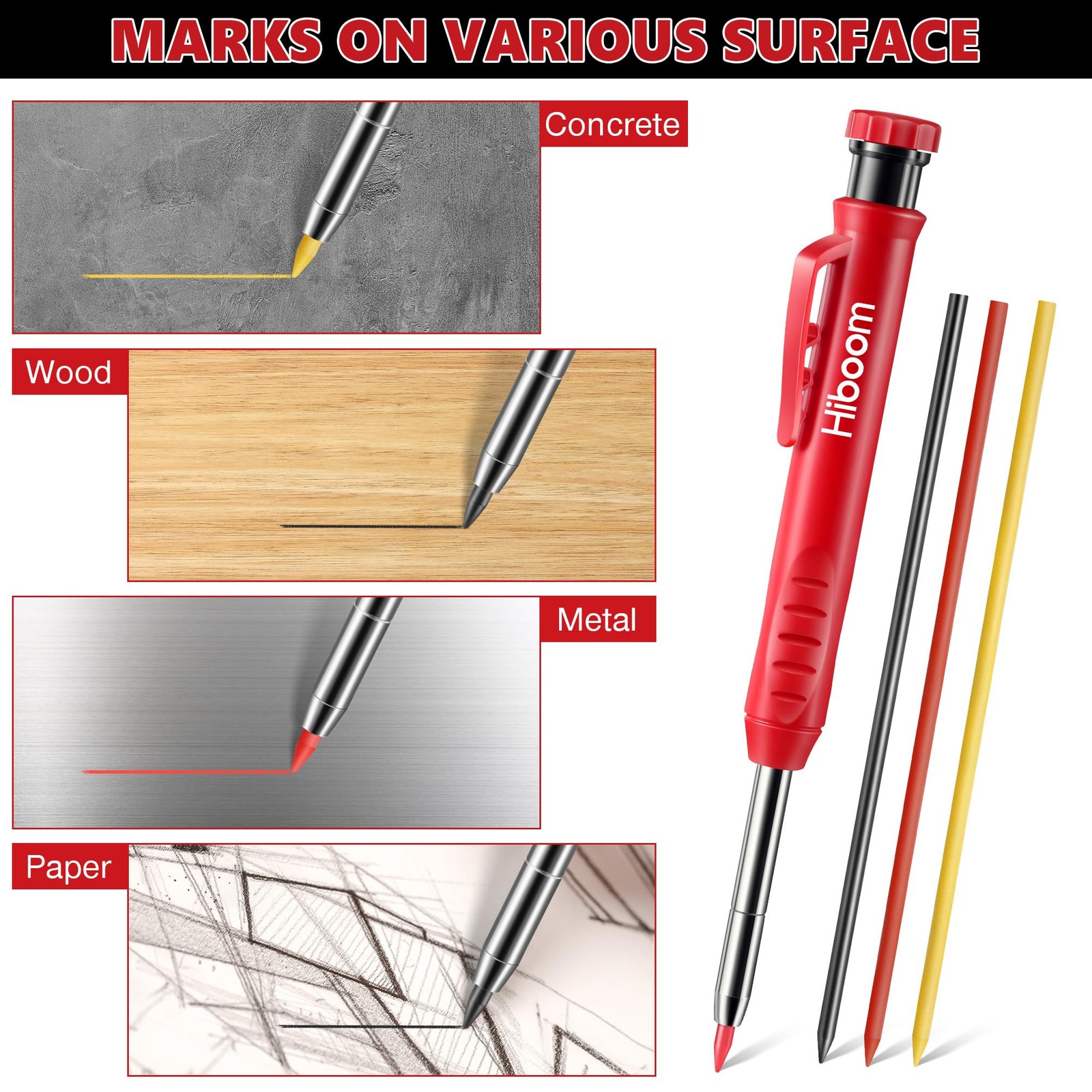 Hiboom 2 Pcs Carpenter Mechanical Pencils Marker with 18 Refills Red
