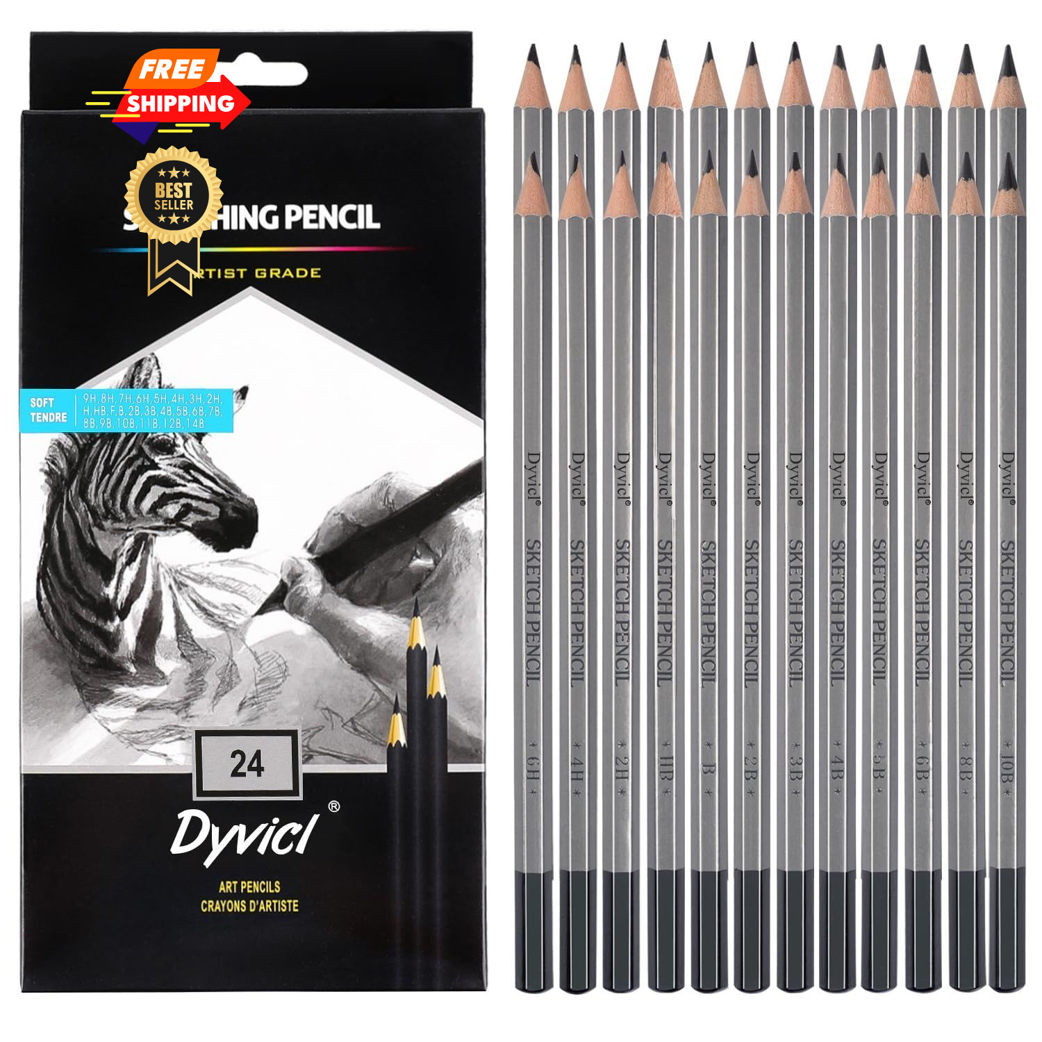 Dyvicl Professional Drawing Sketching Pencil Set – 1 Count (Pack of 24), Gray