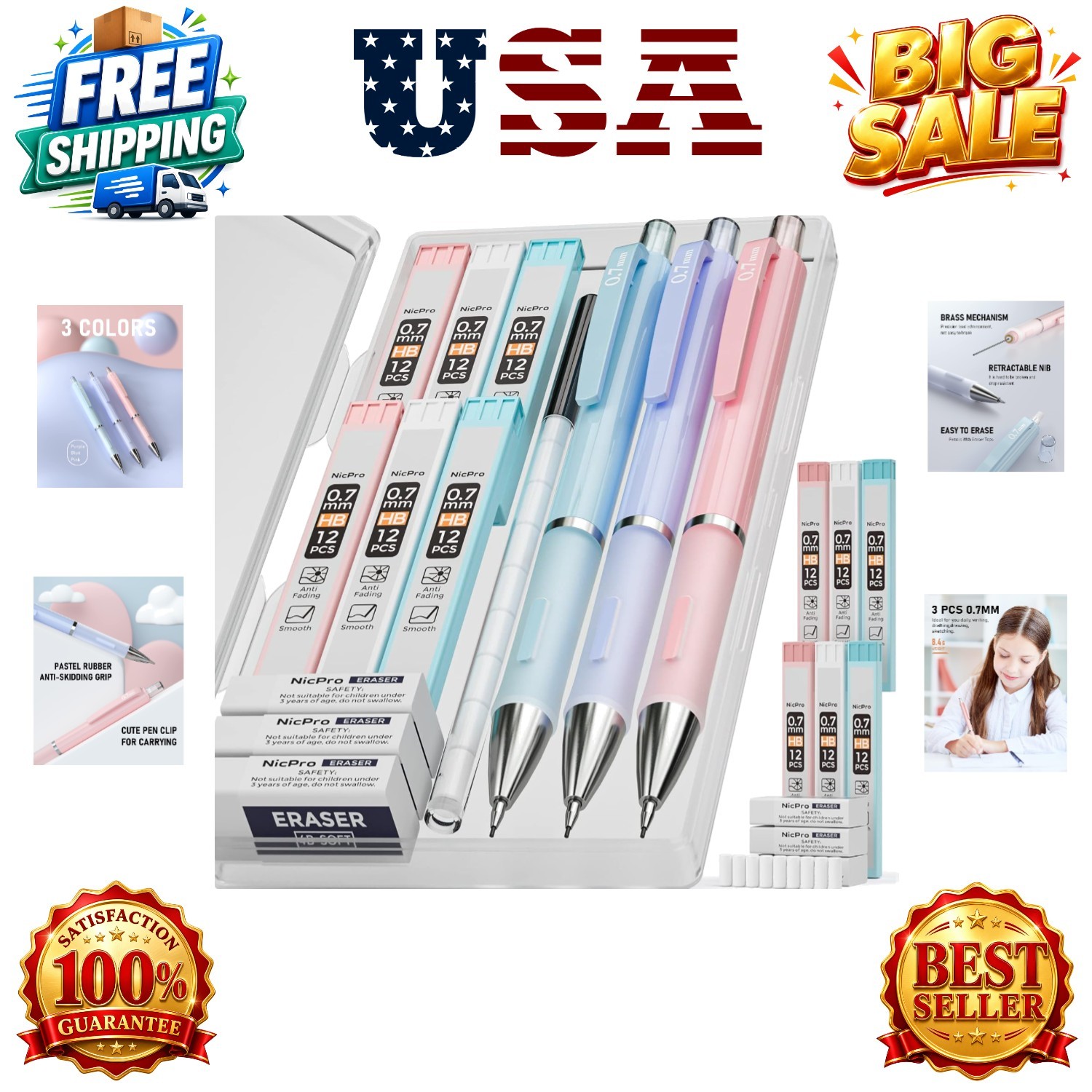 3PCS Cute Mechanical Pencil Set with Case, 0.7 mm Pencils with 6 Tube HB Lead…