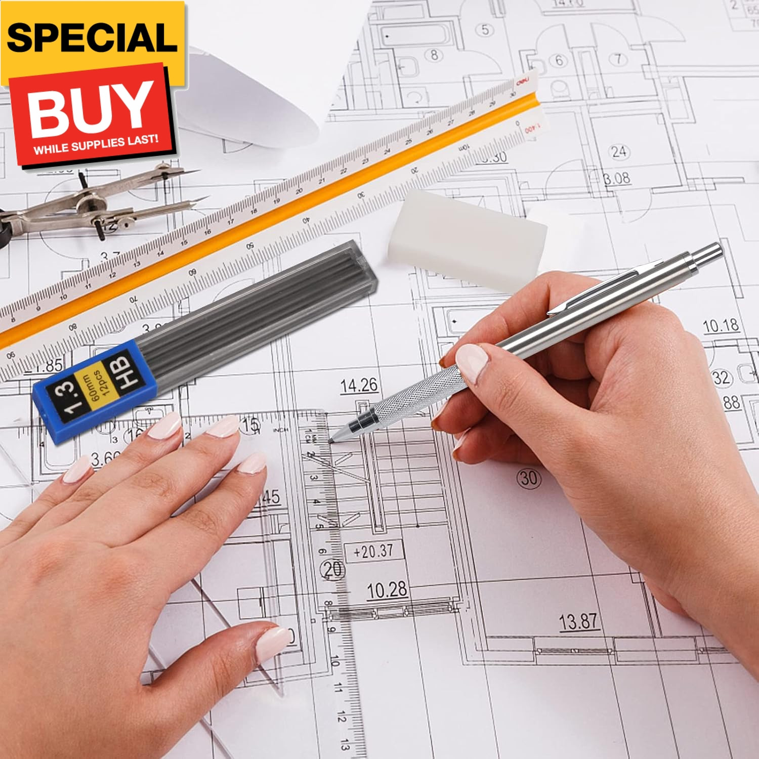 1.3 mm Mechanical Pencil Set with 4 Tubes Lead Refills,2 Eraser,1.3mm Mechanical
